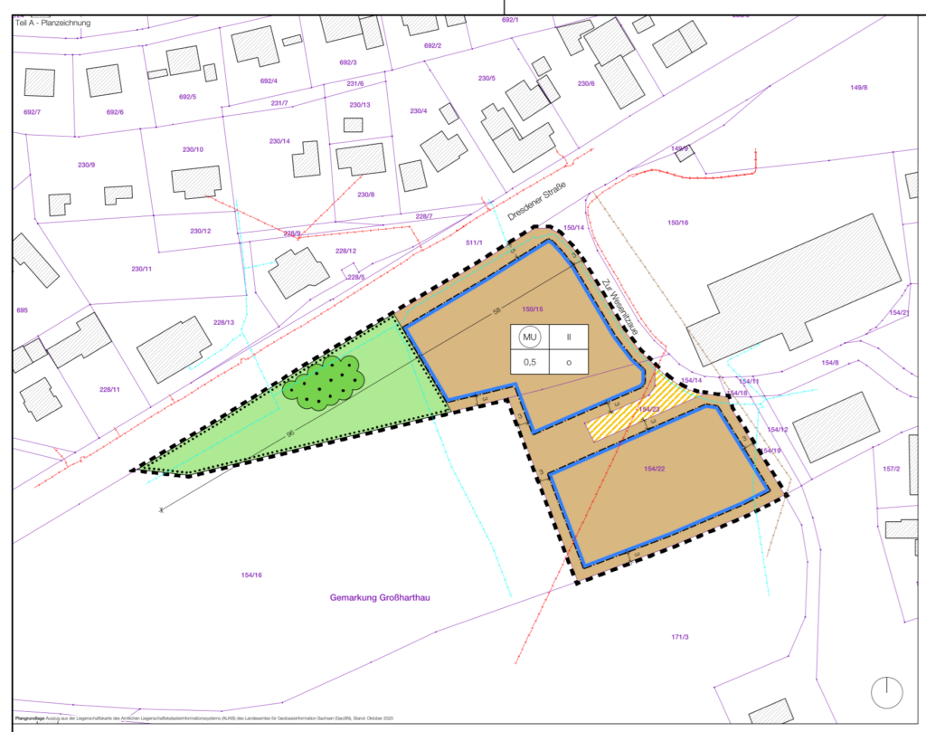 Lageplan Geltungsbereich Entwurf Bebauungsplan „Zur Wesenitzaue Großharthau“ in der Fassung vom 13.04.2026